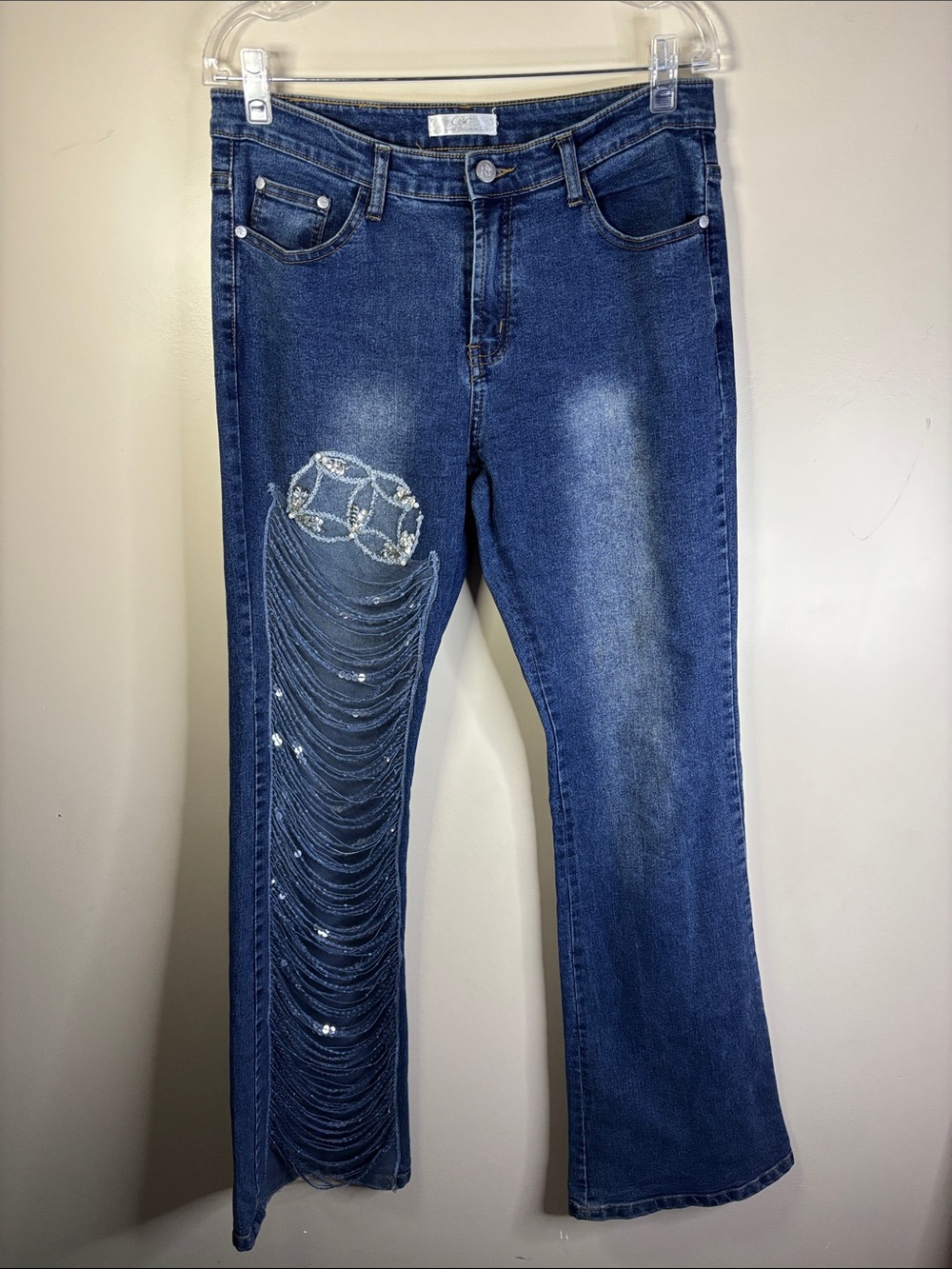 Dark Blue Flare Jeans with Sequin Fringe Detail Vintage